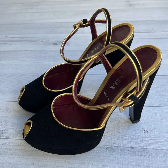 Prada Black Suede Slingback Peep Toe Platform Heels Size 5 - Picture 2 of 16